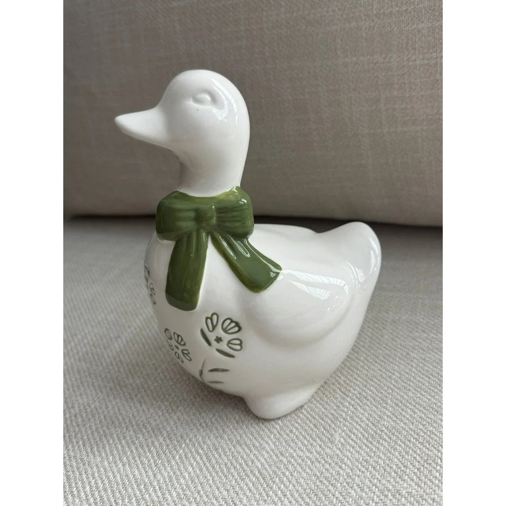 Ceramic Duck Figurine White Green Floral Embossed Cottagecore Decor 6 inch